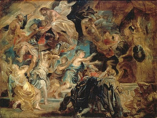 Peter Paul Rubens, Der Tod Heinrichs IV. und die Deklaration der Regentschaft Maria de Medici's. (Historienbild, Apotheose, König, Herrscher,Heinrich IV., Deklaration, Regentschaft, Maria de Medici, Königin, Barock, Klassiker, Malerei,  Treppenhaus, Wohnzimmer, Wunschgröße, bunt)