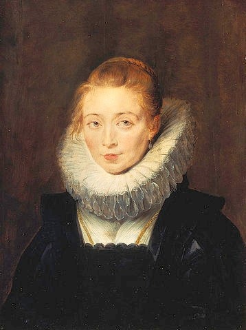 Peter Paul Rubens, Hofdame der Infantin Isabella. 1623/1625 (Bildnis, Porträt, Hofdame, Frau, Halskrause, Mühlsteinkragen, Gesellschaft,Barock, Klassiker, Malerei,  Treppenhaus, Wohnzimmer, Wunschgröße, bunt)