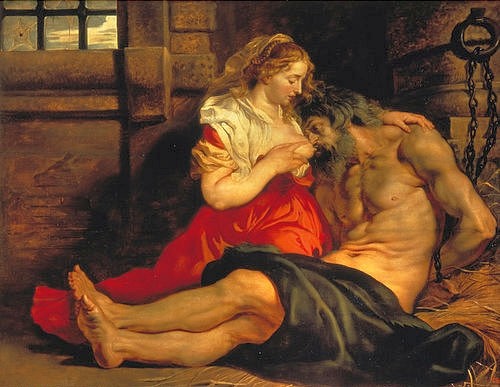 Peter Paul Rubens, Kimon und Pero (Caritas Romano). Um 1612 (Legende, Kimon, Pero, Caritas Romano, Frau, Vater, Kerker, säugen, Barock, Klassiker, Malerei,  Treppenhaus, Wohnzimmer, Wunschgröße, bunt)