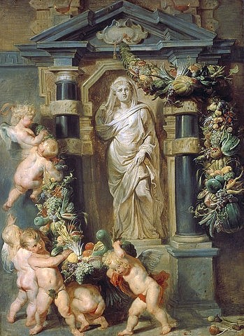 Peter Paul Rubens, Bildnis der Ceres. Um 1615 (Bildnis, Skulptur, Göttin, Fruchtbarkeit, Ackerbau,  Engel, Putten, Früchte, Ernte, Girlanden, Nische, Barock, Klassiker, Malerei,  Treppenhaus, Wohnzimmer, Wunschgröße, bunt)