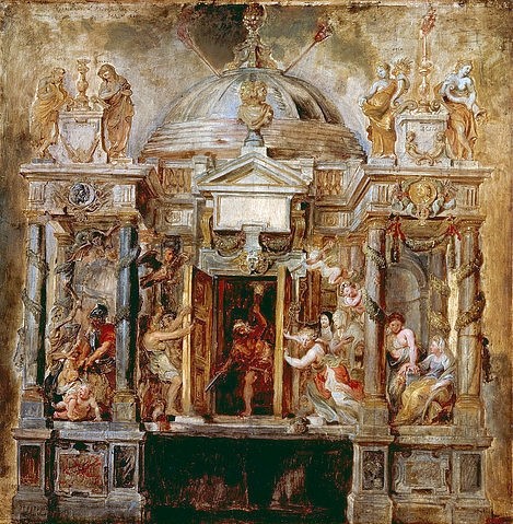 Peter Paul Rubens, Der Janus-Tempel. 1630er Jahre (Janus, römischer Tempel, Architektur, Säulen, Krieg, Kriegsfurien,Furor, Antike, Mythologie, Barock, Klassiker, Malerei,  Treppenhaus, Wohnzimmer, Wunschgröße, bunt)