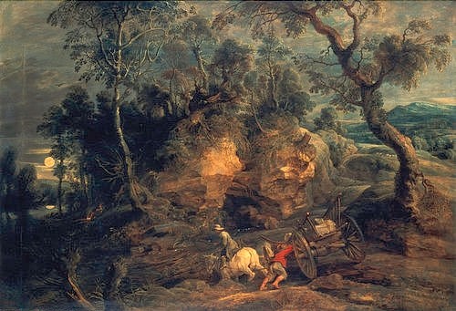 Peter Paul Rubens, Arbeit im Steinbruch. 1620 (Arbeit, Steinbruch, Landschaft, Mondlicht, Nacht,  Felsen, Männer, Arbeiter, Pferdegespann,  Alltgsszene, Barock, Klassiker, Malerei,  Treppenhaus, Wohnzimmer, Wunschgröße, bunt)