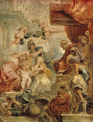 Peter Paul Rubens, Allegorie auf die Vereinigung Großbritanniens. 1630/34 (Allegorie, Vereinigung, Großbritannien,Politik, Schottland, England, König Jakob I, Deckengemälde, Barock, Klassiker, Malerei,  Treppenhaus, Wohnzimmer, Wunschgröße, bunt)