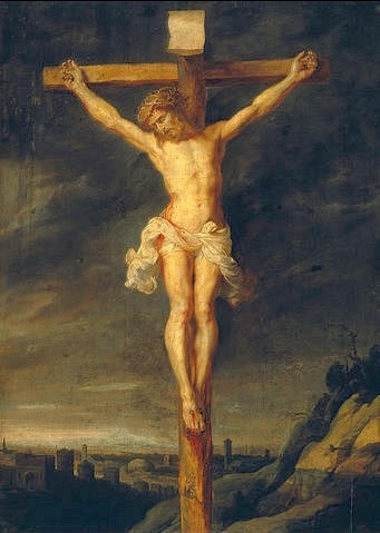 Peter Paul Rubens, Christus am Kreuz (Christus, Jesus, Kreuzigung, Kreuz, Golghata, Passion, Leiden, Landschaft, Stadt, Jerusalem, Religion, Christlich, Neues Testament,  Barock, Klassiker, Malerei,  Treppenhaus, Wohnzimmer, Wunschgröße, bunt)