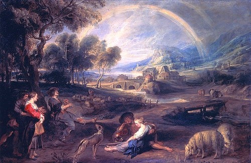 Peter Paul Rubens, Landschaft mit Regenbogen. 1632/1635 (Landschaft, Idylle, Regenbogen, Arkadien, Schäfer, Brücke,  Ideallandschaft,  Barock, Klassiker, Malerei,  Treppenhaus, Wohnzimmer, Wunschgröße, bunt)