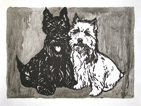 Doig Peter Double Dog Mappe (30) (Radierung, signiert, nummeriert) (Scotch Terrier, Hunde, Rassehunde, Grafik, Original, signiert, Wohnzimmer, Treppenhaus, schwarz/weiß)