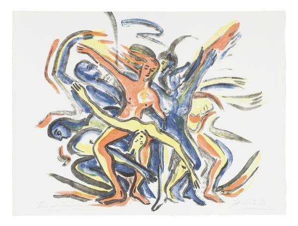 Heinisch Barbara Karussell des Lebens I gelb (Lithographie, handsigniert, Andruck) (Grafik, Modern, Abstrakt, figurativ, dynamisch, Tanz, Tänzer, Bewegung, bunt Lithografien, limitiert, signiert, Wohnzimmer, Treppenhaus, Tanzstudio)