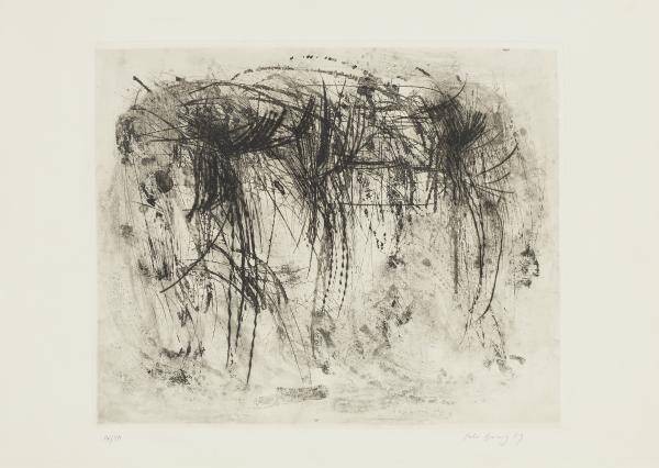 Brüning Peter Ohne Titel 1959 (30) (Radierung, handsigniert, nummeriert) (Radierung, Grafik, abstrakte Kunst, Linien, Chaos, Durcheinander, Wohnzimmer, Original, signiert, schwarz/weiß)