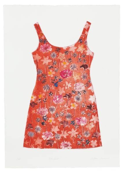 Neumann Stefanie Rotes Kleid (30) (Monotypie, Radierung, handsigniert) (Kleid, Sommerkleid, Minikleid, Blumenmuster, Schneiderei, Schlafzimmer, Wohnzimmer, Original, Grafik, signiert, rot/orange)