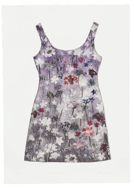 Neumann Stefanie Persische Reise (30) (Monotypie, Radierung, handsigniert) (Kleid, Sommerkleid, Minikleid, Blumenmuster, Schneiderei, Schlafzimmer, Wohnzimmer, Original, Grafik, signiert, bunt)