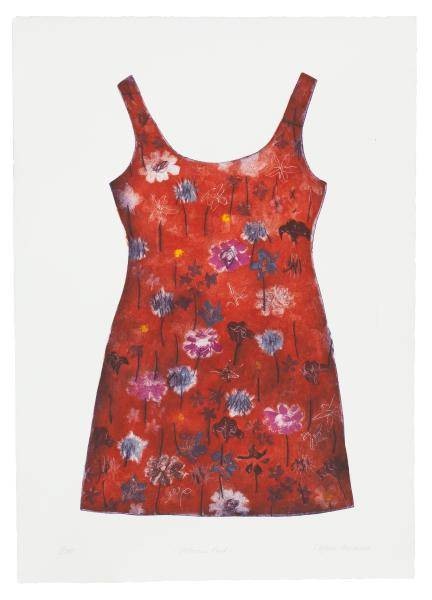 Neumann Stefanie Verlorenes Kleid (30) (Monotypie, Radierung, handsigniert) (Kleid, Sommerkleid, Minikleid, Blumenmuster, Schneiderei, Schlafzimmer, Wohnzimmer, Original, Grafik, signiert,rot)