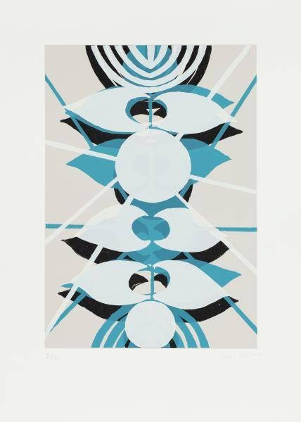 Madjid Haure Perlenpflanze I (Siebdruck, signiert, nummeriert) (Abstrakt, Abstrakte Kunst, floral, pflanzlich, Muster, Ornamente, vertikal, Original, Grafik, Wohnzimmer, Treppenhaus, Büro, blau/grau)
