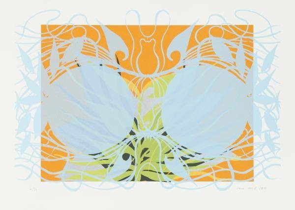 Madjid Haure Perlenpflanze II (Siebdruck, handsigniert, nummeriert) (Abstrakt, Abstrakte Kunst, floral, pflanzlich, Muster, Ornamente,filigran, Original, Grafik, Wohnzimmer, Treppenhaus, Büro, weiß/gelb)