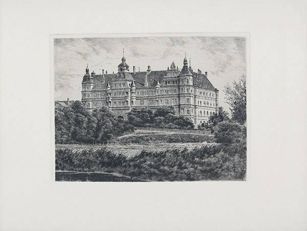 Bruck  Güstrow, Schloss (Radierung, s/w) (Stadt, Stadtansicht, Vedute, Nostalgie, Grafik, Wohnzimmer, Bibliothek, Treppenhaus, Original, schwarz/weiß)