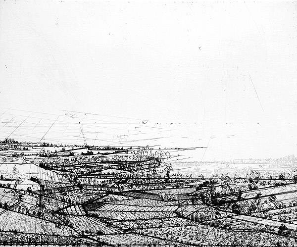Negenborn Heike Linescape 4 (Radierung, handsigniert, e.a.) (Landschaft, Ebene, Raster, Vogelperspektive, Grafik, Original, signiert, Treppenhaus, Esszimmer, Wohnzimmer, schwarz/weiß)
