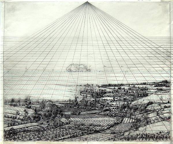 Negenborn Heike Linescape Zeichnung 4 (Zeichnung auf Transparentpapier, handsigniert) (Landschaft, Ebene, Raster, Vogelperspektive, Zeichnung, Original, signiert, Treppenhaus, Esszimmer, Wohnzimmer, schwarz/weiß)