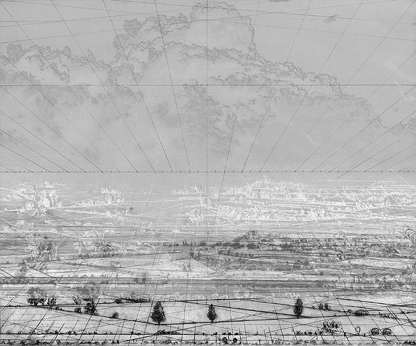 Negenborn Heike Disegno 11 (Druck auf Bütten, handsigniert) (Landschaft, Wolken, Ebene, Raster, Vogelperspektive, Grafik, Original, signiert, Treppenhaus, Esszimmer, Wohnzimmer, schwarz/weiß)