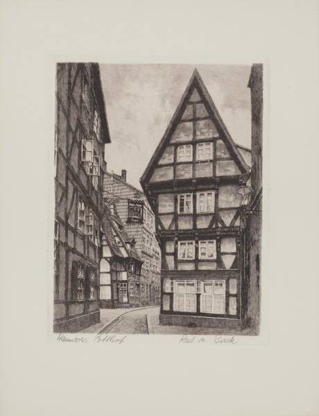 Bruck  Hannover, Potthof (Radierung, s/w) (Stadt, Stadtansicht, Vedute, Nostalgie, Grafik, Wohnzimmer, Bibliothek, Treppenhaus, Original, schwarz/weiß)