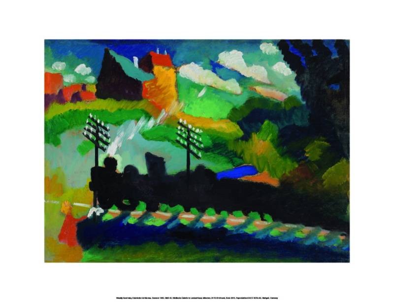 Kandinsky Wassily Eisenbahn bei Murnau (5-farbiger Druck) (Klassische Moderne, Malerei, Expressionismus, Landschaft, Eisenbahn, Schienen, Zug, Häuser,  Wiese, Wohnzimmer, Büro, Arztpraxis, bunt)