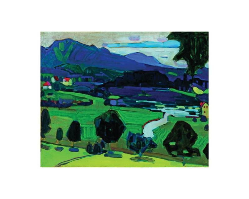 Kandinsky Wassily Murnau Blick über den Staffelsee (frequenzmodulierter Faksimile-Druck auf Bütten) (Klassische Moderne, Malerei, Expressionismus, Landschaft, Dorf, Hügel, Häuser,  Wiese, Berge, Bayern, Wohnzimmer, Büro, Arztpraxis, bunt)