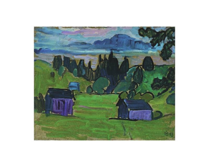 Münter Gabriele Blick auf Murnauer Moos (frequenzmodulierter Faksimile-Druck auf Bütten) (Landschaft, Häuser, Berge, Panorama, Bayern, Blauer REiter, Expressionismus, Malerei, Wohnzimmer, Arztpraxis, bunt)