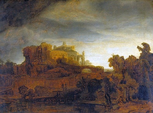 Rembrandt van Rijn, Landschaft mit Schloss. Um 1643 (Paris,Musée du Louvre,Rembrandt van Rijn,1606-1669,Öl auf Holz,Rembrandt van Rijn,17. Jahrhundert,Landschaft,Schloss)