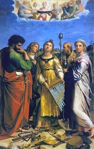 Raffael (Raffaello Sanzio), Ekstase der heiligen Cecilia, mit den Heiligen Paulus, Johannes dem Evangelisten, Augustinus und Maria Magdalena. 1518. (16. Jahrhundert,von Holz auf Lwd. übertragen,Bologna,Pinacoteca Nazionale,1483-1520,Raffael (Raffaello Sanzio),Raffael,Raffaello Sanzio,16. Jahrhundert,15. Jahrhundert,Cäcilia,Paulus,Johannes Evangelist,Augustinus,Magdalena,Heilige)