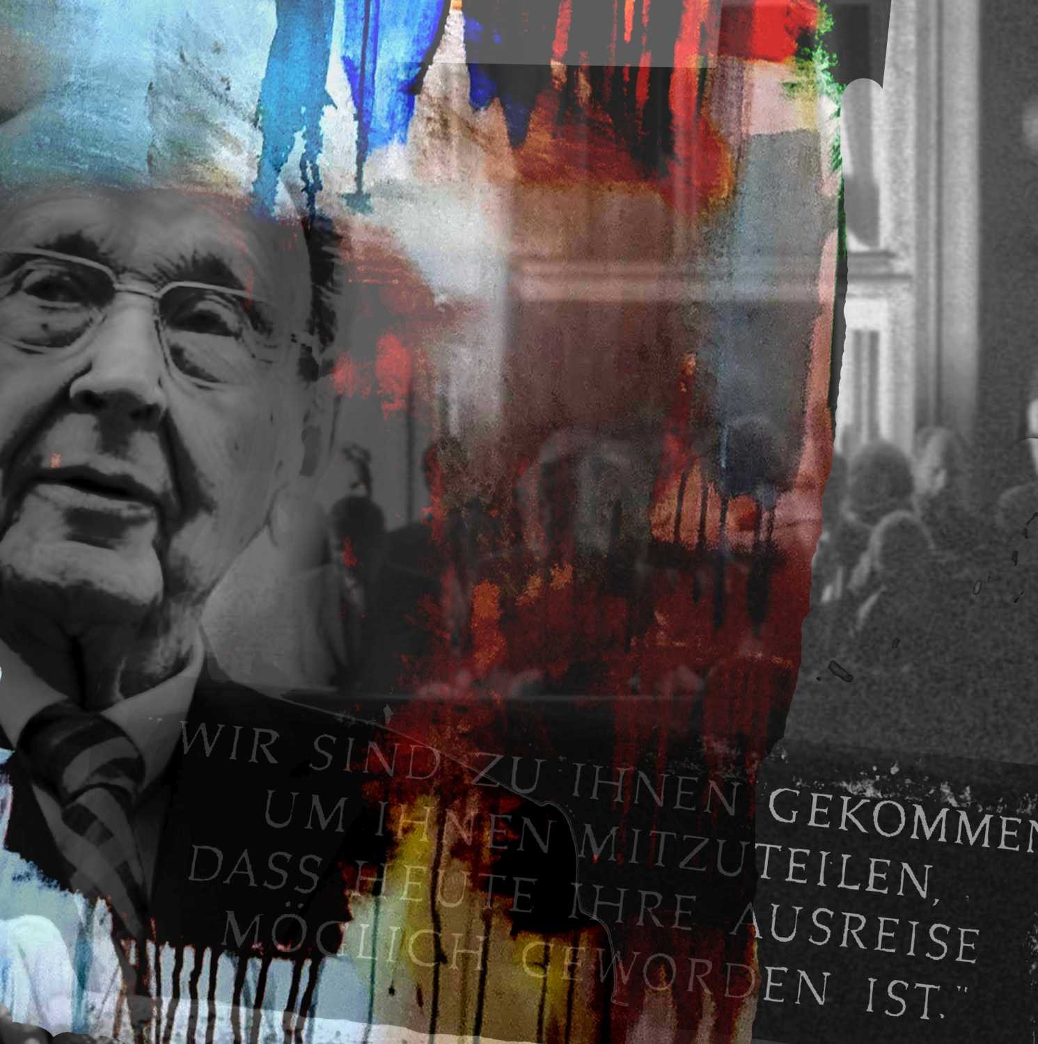 Peter Sander, Prager Botschaft (Friedrich Genscher, Politiker, Portrait, Foto, Mauerfall, Zitat, Persönlichkeiten, Popart, modern, illustrativ, Wunschgröße, Treppenhaus, Wohnzimmer,)