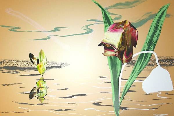 Eek Marcus Landschaft I  (30) (Lithographie, handsigniert, num.) (Landschaft, See, Wasser, Blumen, Schmetterling, stilisiert, verfremdet, modern, Grafik, Schlafzimmer, Wohnzimmer, Original, signiert, bunt)