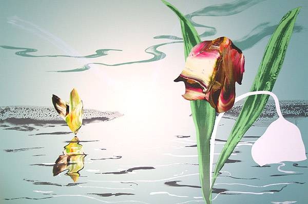 Eek Marcus Landschaft II  (30) (Lithographie, handsigniert, nummeriert) (Landschaft, See, Wasser, Blumen, Schmetterling, stilisiert, verfremdet, verträumt, modern, Grafik, Schlafzimmer, Wohnzimmer, Original, signiert, bunt)