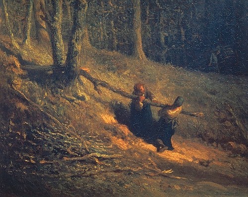 Jean-Francois I Millet, Holzsammler (Les Charbonnieres). 1860-er Jahre. (Waldarbeiter, Forstwirtschaft, Stamm, Baumstamm, mühsam, anstrengend, Schleppen, Holz, Realismus, Wohnzimmer, Klassiker, Malerei,   Wunschgröße, bunt)