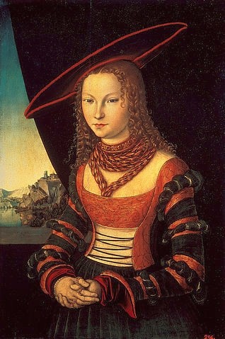 LUCAS CRANACH Der Ältere, Bildnis einer Frau mit grossem Hut. 1526. (junge Frau, Bildnis, Portrait, Frau, Eleganz, Adel, Gesellschaft, großer Hut, Klassiker, Renaissance, Wunschgröße, Wohnzimmer)