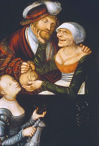LUCAS CRANACH Der Ältere, Eine Kupplerin. 1530-er Jahre. (Umkreis Cranach d.Ä.) (Kupplerin, alte Frau,  Geldbeutel, Greisin, Prostitution, Klassiker, Renaissance, Wunschgröße, Wohnzimmer)