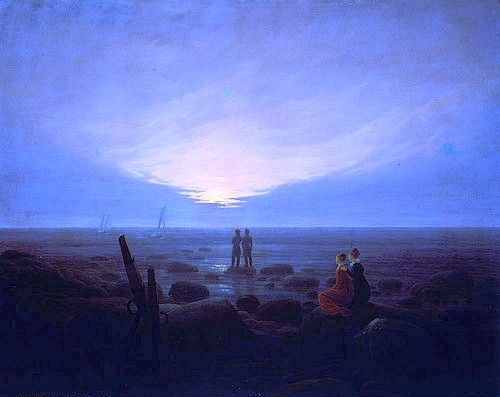 Caspar David Friedrich, Mondaufgang über dem Meer. 1821 (Meer, Meeresbise, Küste, Nacht, Mond, Bertrachtung, kontemplativ, Mond, betrachten, Stimmung,  Klassiker, Wohnzimmer, Treppenhaus, Malerei, Romantik, Wunschgröße, bunt)