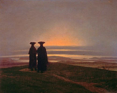 Caspar David Friedrich, Sonnenuntergang (Die Brüder). (Sonnenuntergang, zwei Brüder,   Rückenfiguren, Abendstimmung, Sonnenuntergang, Landschaft, Klassiker, Wohnzimmer, Treppenhaus, Malerei, Romantik, Wunschgröße, bunt)