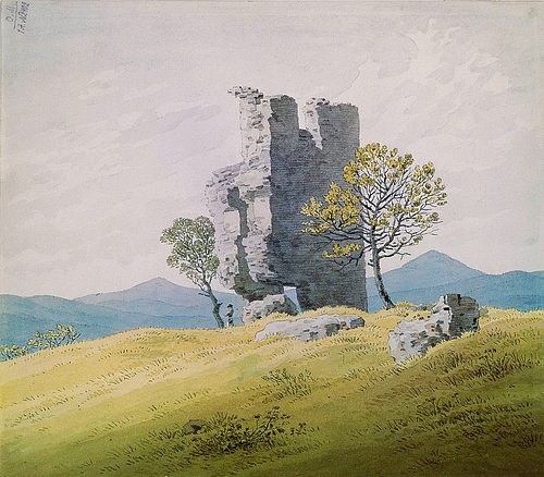Caspar David Friedrich, Die Ruine von Schloss Teplitz. Um 1828 (Ruine, Mauer, Burgreste,  Schlossruine, Landschaft, Landschaftsmalerei, Hügel,  Klassiker, Wohnzimmer, Treppenhaus, Malerei, Romantik, Wunschgröße, bunt)