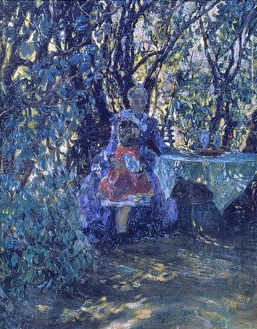 Max Liebermann, Grossmutter und Kind im Garten der Villa am Wannsee. 1911. (Liebermann,Max,1847-1935,Kaunas,Ciurlionis Museum,Max Liebermann,Großmutter,Kind,Enkelin,Villa,Wannsee,Garten,Tisch,20. Jahrhundert,Sommer,Oma)
