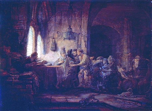 Rembrandt van Rijn, Gleichnis der Arbeiter im Weinberg. 1637 (Rembrandt van Rijn,1606-1669,St. Petersburg,Eremitage,Öl auf Holz,Rembrandt van Rijn,Gleichnis,Arbeiter,Weinberg,17. Jahrhundert,Bibel)