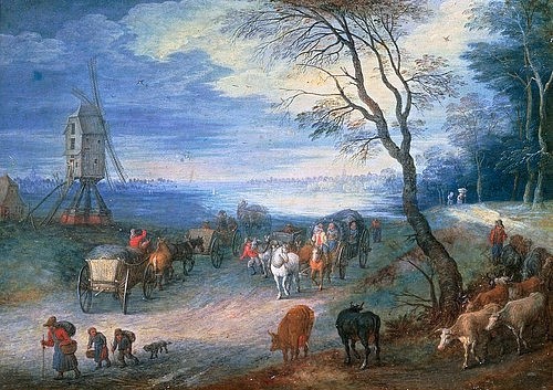 Jan (Nachfolger) Brueghel d.Ä., Landschaft mit Windmühle (Brueghel d.Ä.,Jan (Nachfolger),Moskau,Puschkin-Museum,Jan Brueghel d.Ä. (Nachfolger),Landschaft,Windmühle,Pferdefuhrwerk,Landleben,Mühle)