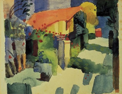 August Macke, Haus im Garten (Offset) (Malerei, Expressionismus, Garten, Pflanzen, Blumen, Idylle, Wohnzimmer, Treppenhaus,Wintergarten, Klassische Moderne, bunt)