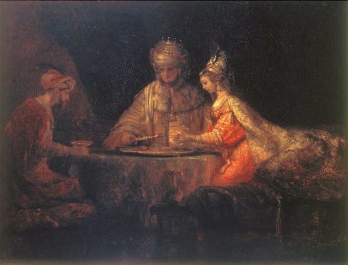 Rembrandt van Rijn, Ahasver, Haman und Esther. 1660. (Rembrandt van Rijn,1606-1669,Moskau,Puschkin-Museum,Rembrandt van Rijn,Ahasver,Haman,Esther,Bibel,17. Jahrhundert)