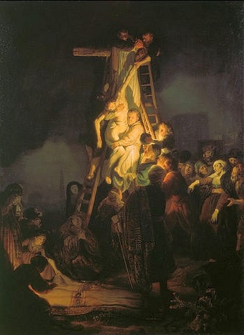 Rembrandt van Rijn, Die Kreuzabnahme. 1634 (Rembrandt van Rijn,St. Petersburg,Eremitage,1606-1669,Rembrandt van Rijn,17. Jahrhundert,Kreuzabnahme,Kreuz,Leiter,tot,Jesus,Trauer,Christus,Dunkelheit,Licht,Nacht)