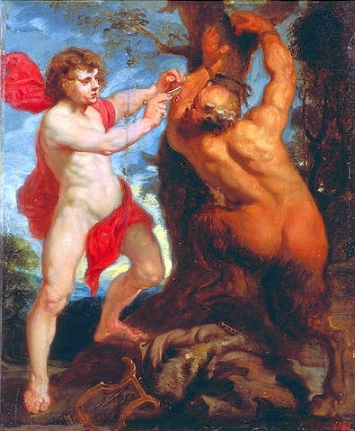 Peter Paul Rubens, Apollo und Marsyas. (Götter, Halbgott, Apoll, Marsyas, Satyr, Mythologie, Antike, schinden, Haut abziehen, Folter, Strafe, Fluss, Barock, Klassiker, Malerei,  Treppenhaus, Wohnzimmer, Wunschgröße, bunt)