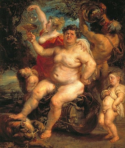 Peter Paul Rubens, Bacchus. 1638/1640 (Bacchus, Gott des Weines, Gelage, trinken, Satyr, Aktmalerei,  Rubensfigur, üppig,  Fettleibigkeit, Knaben, pinkelnder Knabe, Barock, Klassiker, Malerei,  Treppenhaus, Wohnzimmer, Wunschgröße, bunt)