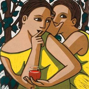 Klein Anita Geheimnisse    (30) (Lithographie, handsigniert, num.) (Frauen, Freundinnen, Flüstern, Tratsch, Geheimnis, Sommer, Modern, Original, signiert, Grafik, Wohnzimmer, Treppenhaus, bunt)