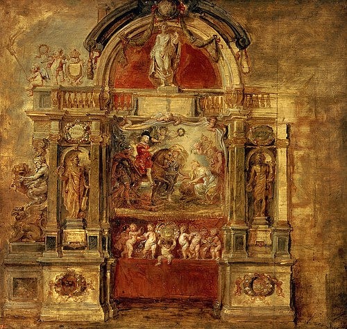 Peter Paul Rubens, Huldigung zur Ankunft des Infanten Ferdinand. 1630er Jahre. (Altar, Altarbild, Skizze, Putten, Reiterin,  Barock, Klassiker, Malerei,  Treppenhaus, Wohnzimmer, Wunschgröße, bunt)