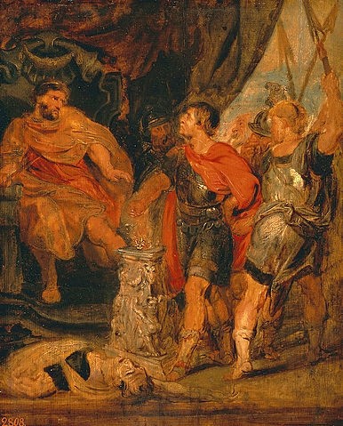 Peter Paul Rubens, Mucius Scaevola vor Porsenna. (Gaius Mucius Scaevola, Porsenna, römisch, Geschichte, Etruskerkönig, Skizze,  Barock, Klassiker, Malerei,  Treppenhaus, Wohnzimmer, Wunschgröße, bunt)