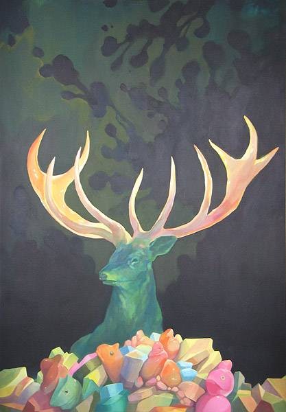 Young Ju Yim Mysteriöser Hirsch (Digitaldruck, handsigniert und nummeriert) (Hirsch, Geweih, Tier, Steine, Tierfiguren, mysthisch, majestätisch, Malerei, modern, Pop Art, Original, signiert, Wohnzimmer, leuchtend, bunt)