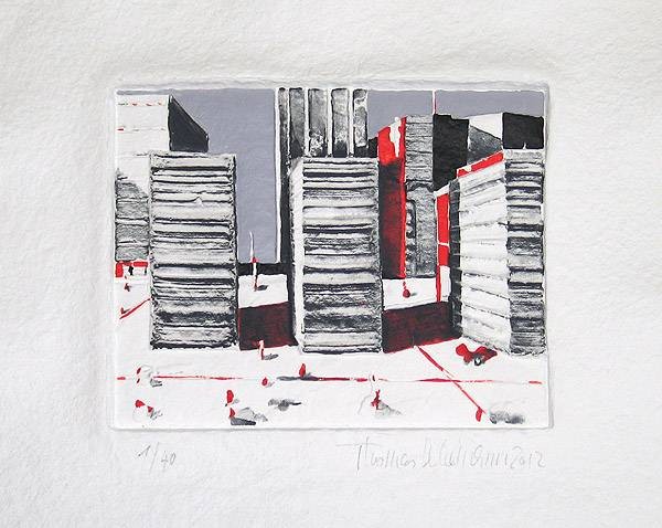 Kleemann Thomas Metropole Rot (30) (Aquagravure) (Stapel, modern, Grafik, Original, modern, Wohnzimmer, Büro, bunt)