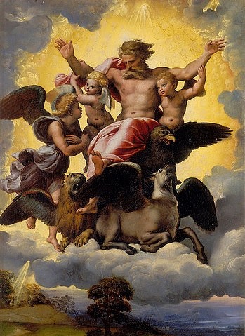 Raffael (Raffaello Sanzio), Die Vision des heiligen Ezechiel. 1518 (Raffael (Raffaello Sanzio),1483-1520,Florenz,Galleria Palatina,? ALINARI - ARTOTHEK,(Raffaello Santi) Raffael,Italien,italienisch,Florenz,Renaissance,Hochrenaissance,italienische Renaissance,italienische Hochrenaissance,15. Jahrhundert,16. Jahrhundert,Vis)